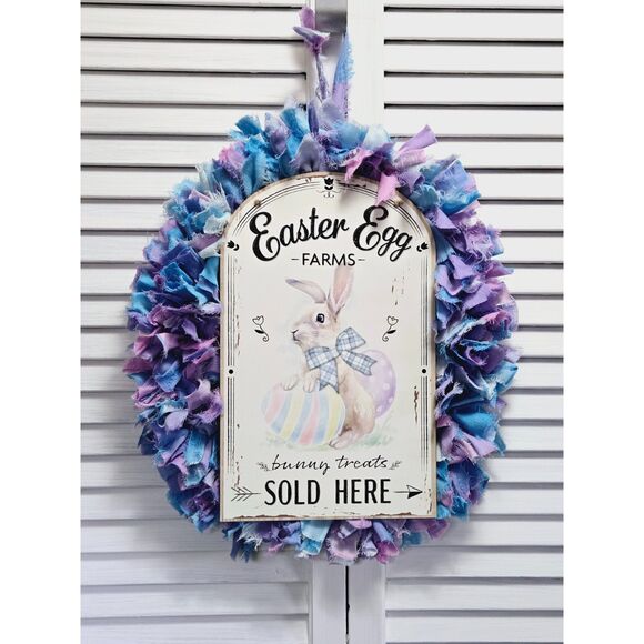 Hand Crafted Easter Bunny Egg Pastel Fabric Rag Wreath, Easter Egg Farms Sign - Picture 11 of 14